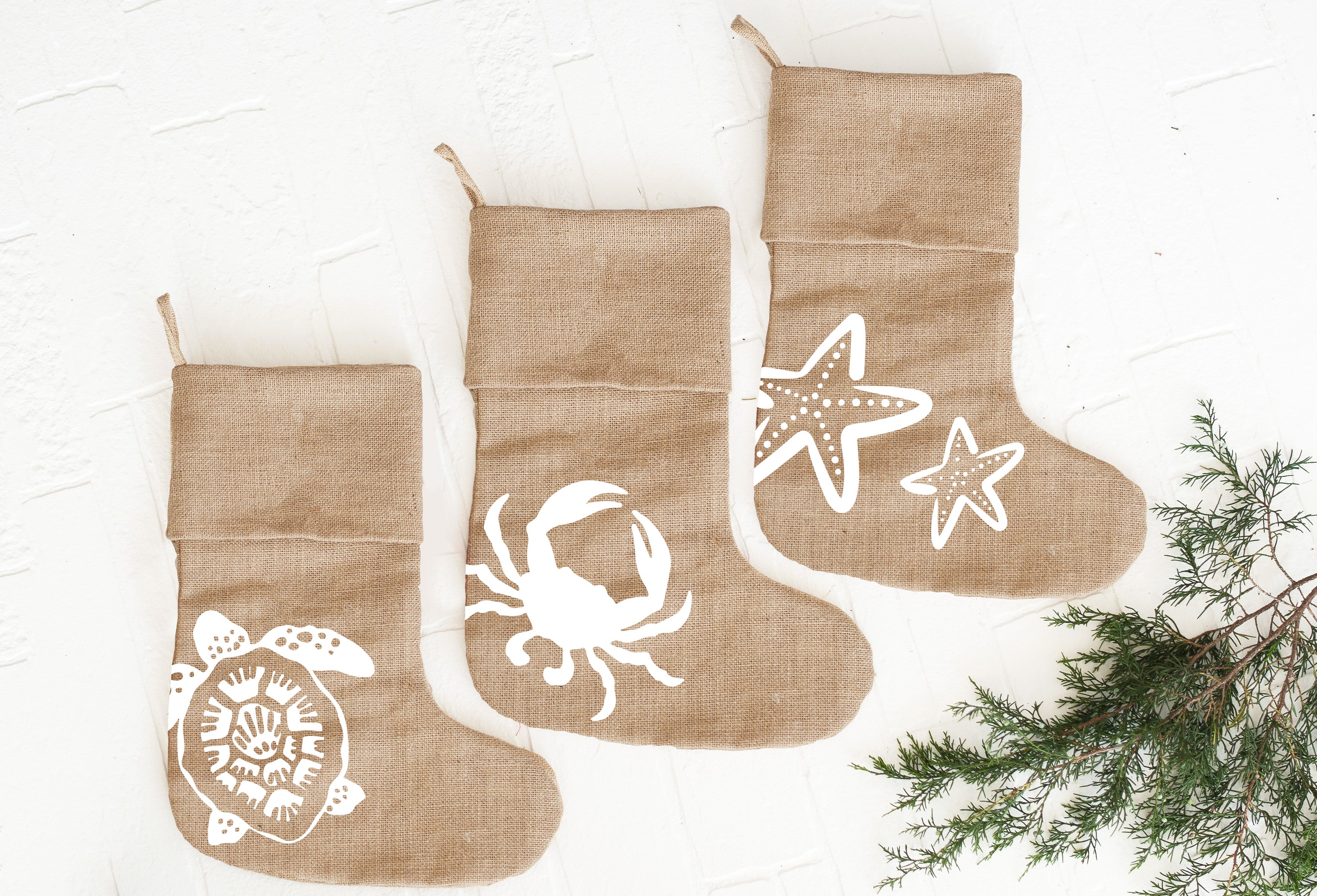 Nautical Christmas Stockings - Burlap Beach, Crab, Starfish, Turtle