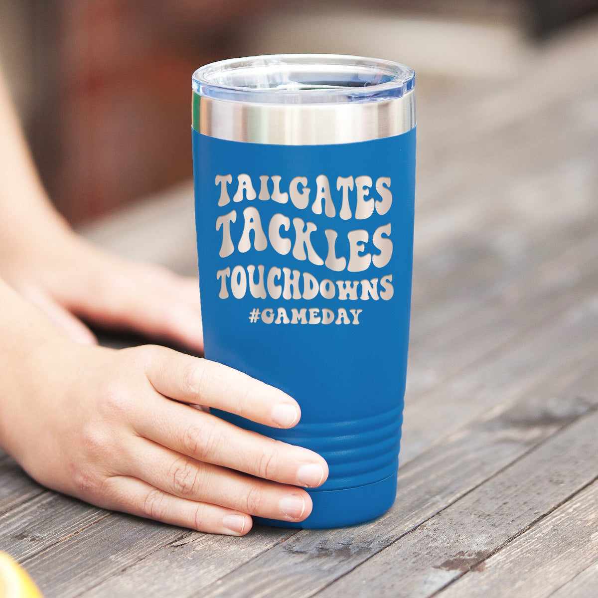 Tailgates, Tackles, Touchdowns - Insulated Stainless, Football Tumbler Cup - 20 oz