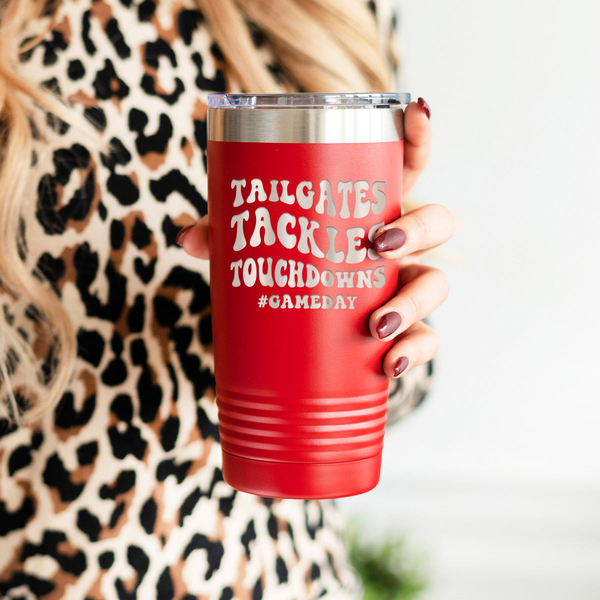 Tailgates, Tackles, Touchdowns - Insulated Stainless, Football Tumbler Cup - 20 oz