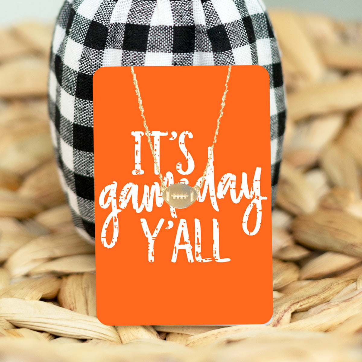 Orange It's Gameday Y'all Keepsake Card with Gold Football Necklace