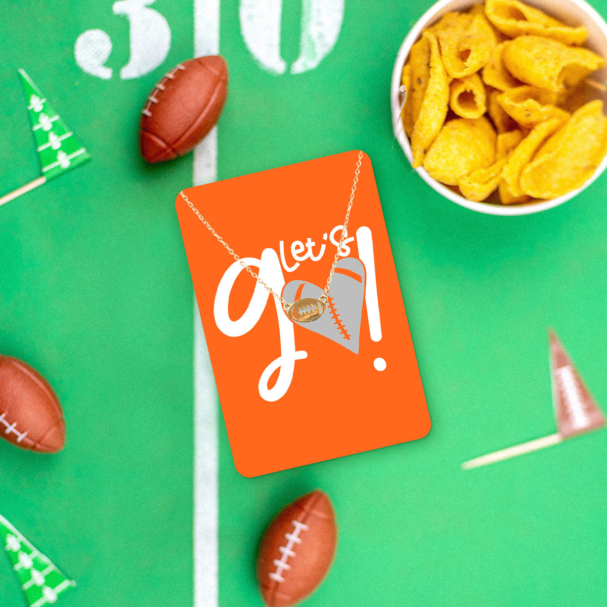 Orange Football Let's Go Keepsake Card with Gold Football Necklace