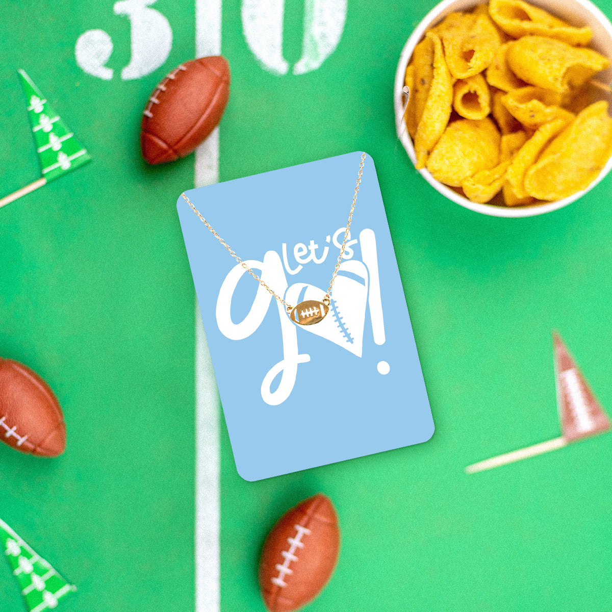 Powder Blue Football Let's Go Keepsake Card with Gold Football Necklace