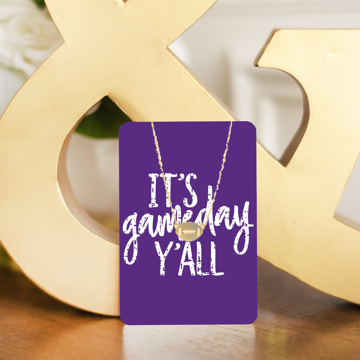 Purple It's Gameday Y'all Keepsake Card with Gold Football Necklace