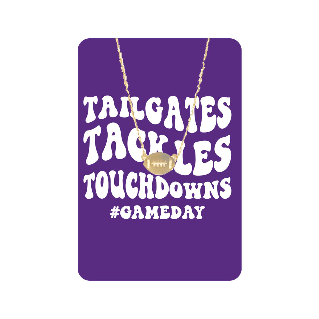 Purple Tailgates, Tackles, Touchdowns Keepsake Card with Gold Football Necklace